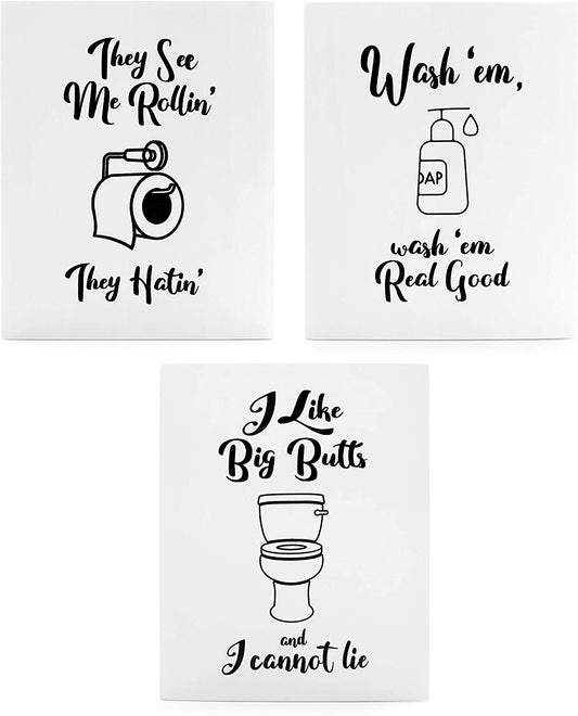 Wooden Funny Bathroom Signs (Set of 3); Cute Humorous Wall Art Each 10 x 8 Inches