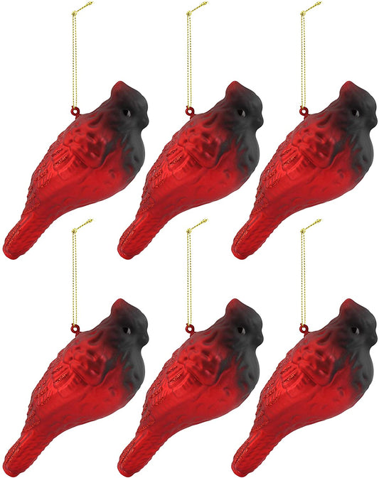 Glass Cardinal Christmas Ornaments (6-Pack); Red Bird Holiday Tree Decorations in Blown Glass