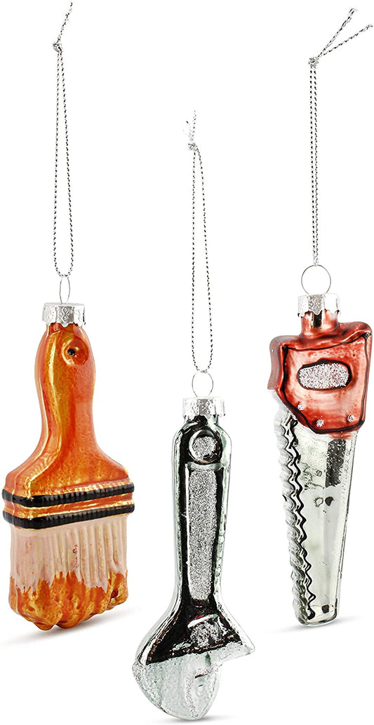Glass Handyman Christmas Ornaments (Set of 3); Tools Holiday Decorations with Wrench, Saw and Paintbrush