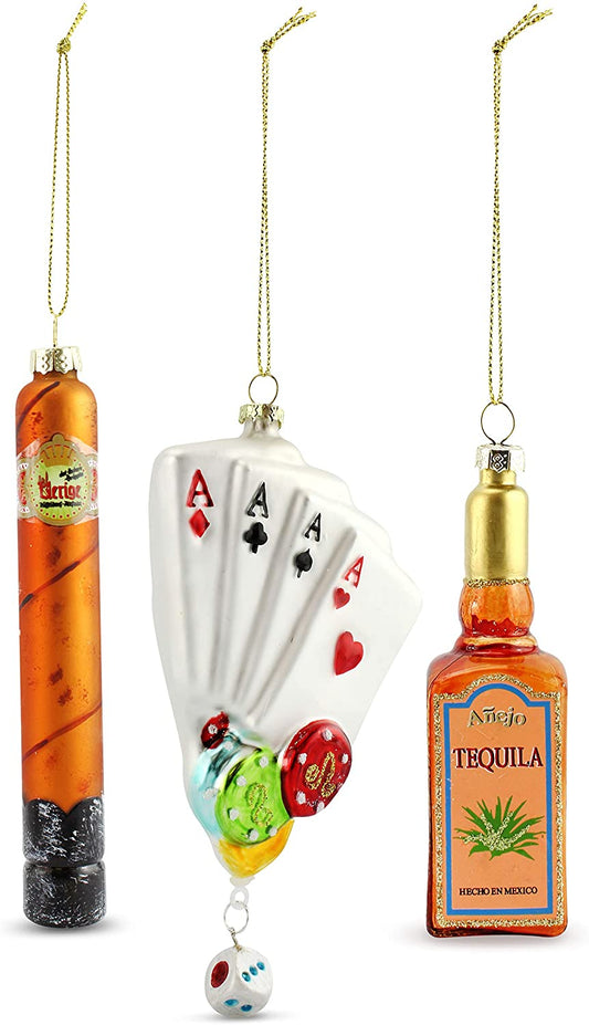 Glass Poker Ornament Set (3-Piece Set with Playing Cards, Cigar, and Tequila Bottle); Christmas Tree Decorations in Honor of Poker Night