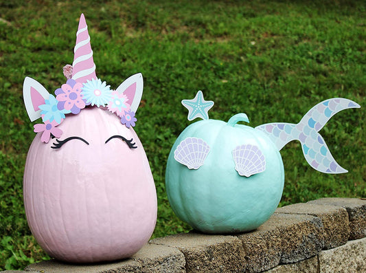 Halloween Pumpkin Kit Sets (Unicorn and Mermaid Theme), 13 Reusable Metal Accessories for Halloween Fall Pumpkin Face Decorating