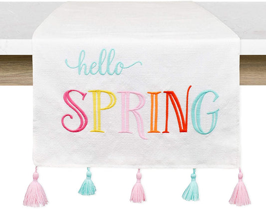 Spring Table Runner, “Hello Spring” Easter and Seasonal Fabric Table Decor 71 x 13 Inches